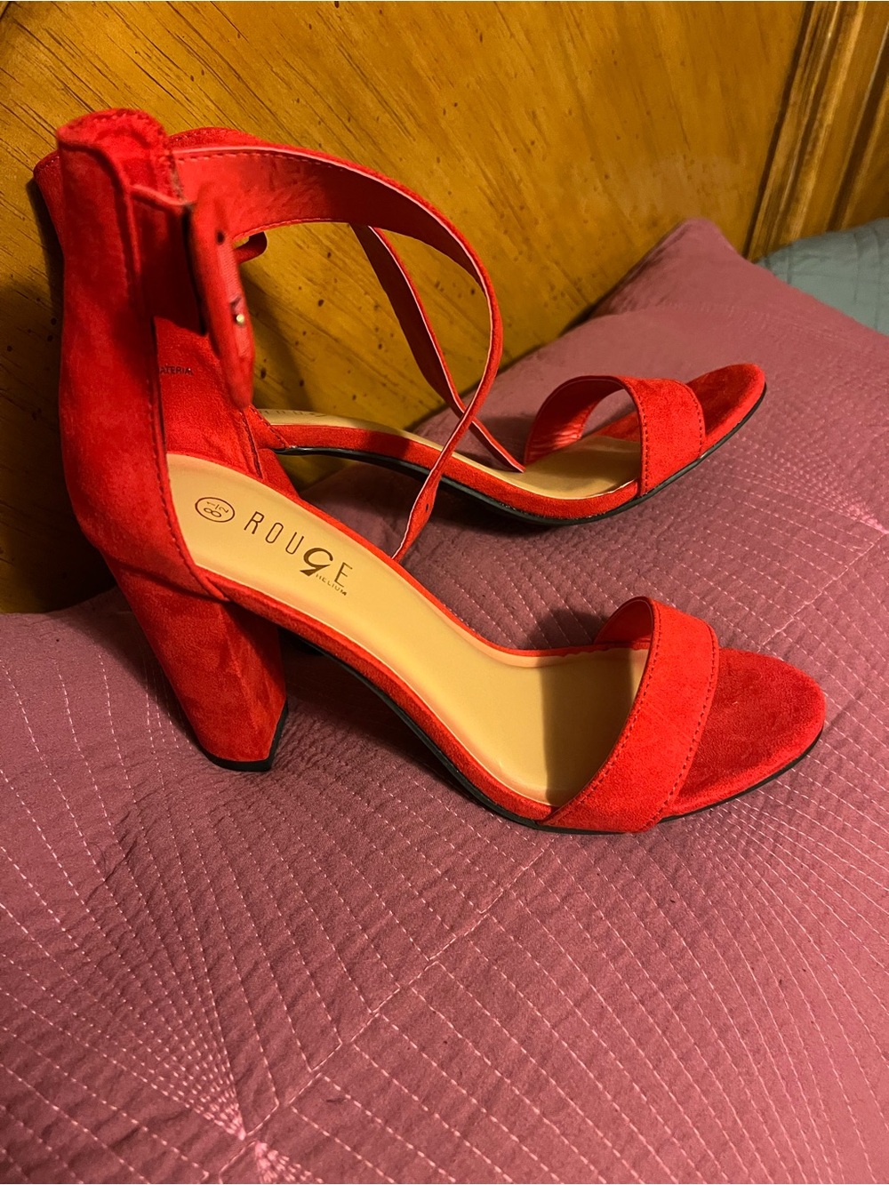 Rouge Helium Red Suede Strappy Block Heel Sandals